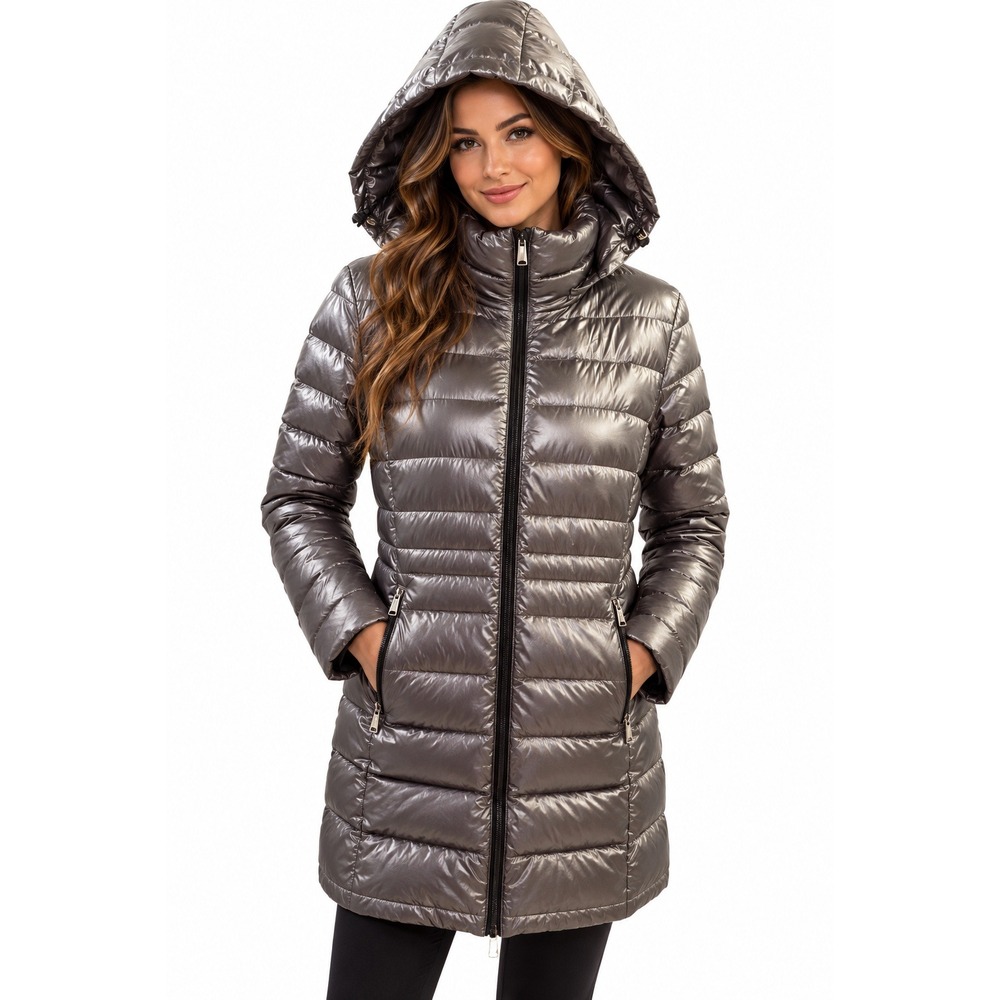 Andrew Marc Puffer Coat Small Metallic Gray 90% Down Hooded Packable Lightweight